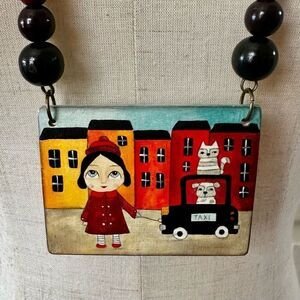 Taxi  rectangle painted beaded necklace